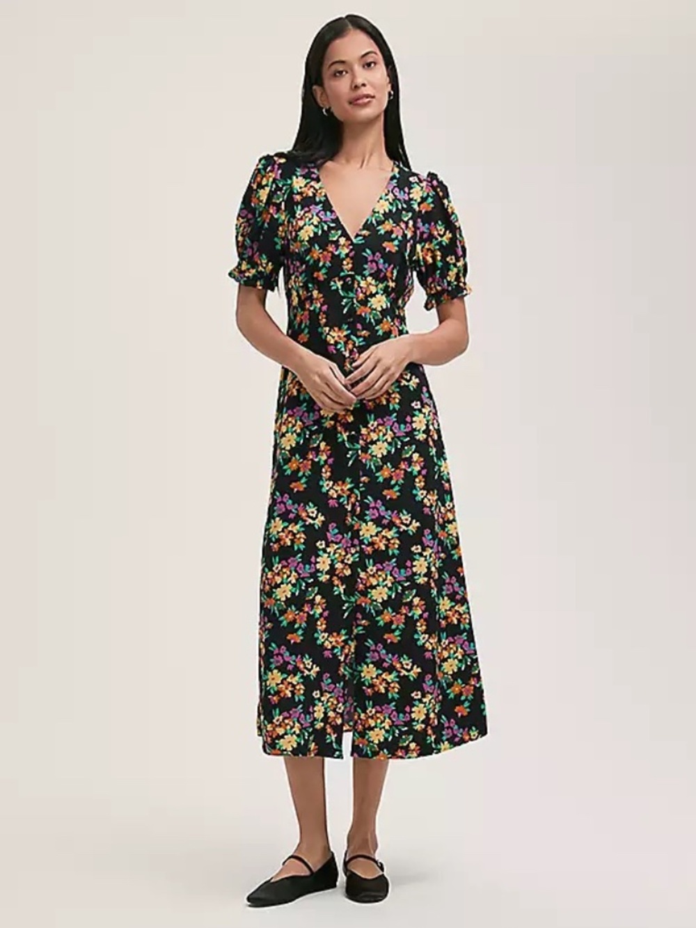 Boden V-Neck Short Sleeve Black Floral Print Midi Dress 12